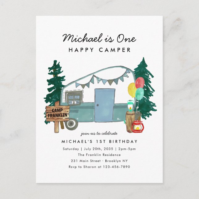 Cute One Happy Camper Trees Camping 1st Birthday Postcard (Front)