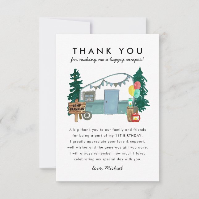 Cute One Happy Camper Trees Camping 1st Birthday Thank You Card (Front)