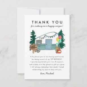 Cute One Happy Camper Trees Camping 1st Birthday Thank You Card