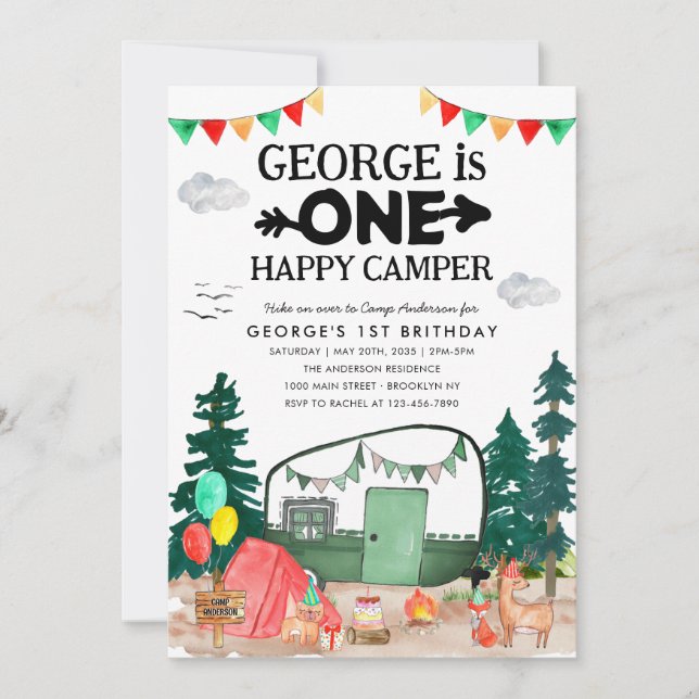 Cute ONE Happy Camper Woods Camping 1st Birthday Invitation (Front)