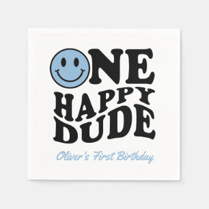 Cute One Happy Dude Blue Happy Face 1st Birthday Napkin