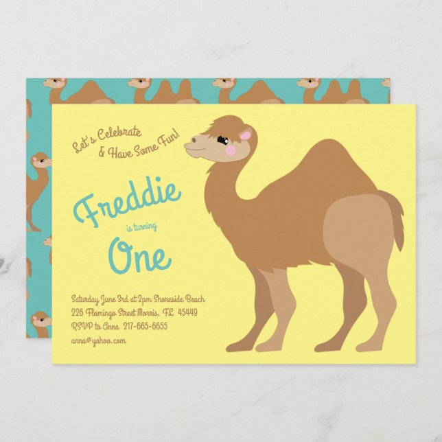 Cute One Hump Camel Kids 1st Birthday Party Invitation (Front/Back)