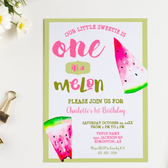 Cute One in a Melon 1st Birthday Pink Green Invitation (Creator Uploaded)