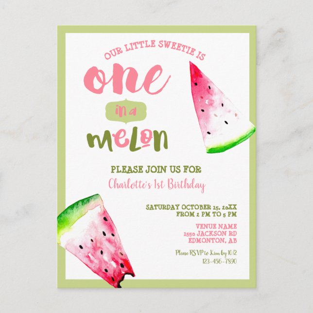 Cute One in a Melon 1st Birthday Pink Green Postcard (Front)