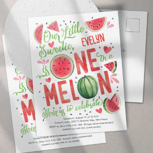 Cute One in a Melon, Baby Girl Summer 1st Birthday Invitation Postcard
