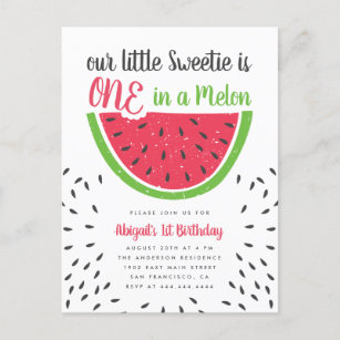 Cute One In A Melon Watermelon Kids 1st Birthday Invitation Postcard