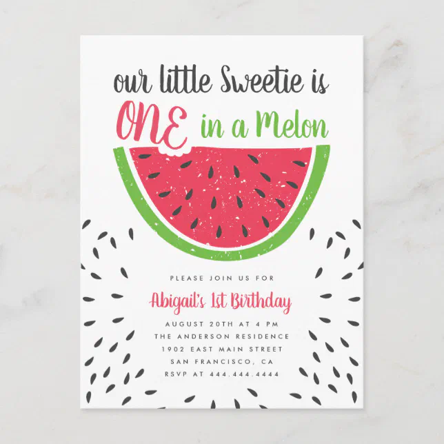 Cute One In A Melon Watermelon Kids 1st Birthday Invitation Postcard ...