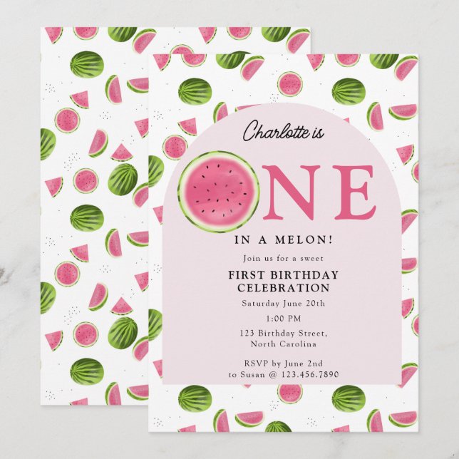 Cute One in a Melon Watermelon Summer Birthday Invitation (Front/Back)