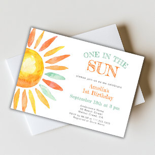Cute One In The Sun Watercolor 1st Birthday Party Invitation