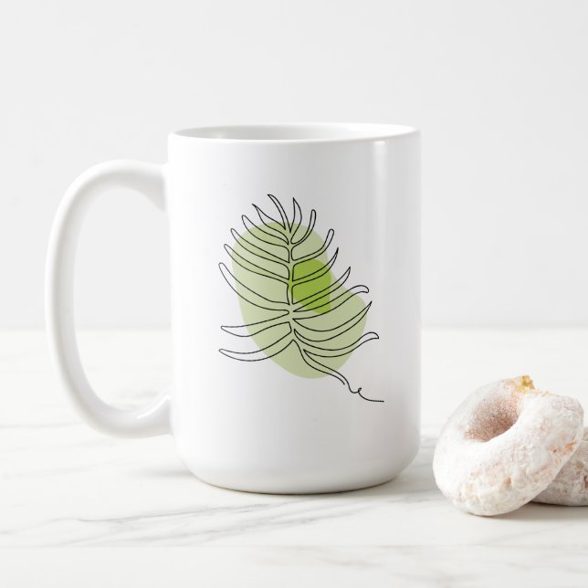 Cute one line art tropical isolated foliage green coffee mug (With Donut)
