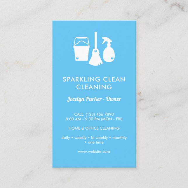 Cute One Sided Blue White Cleaning Supplies Business Card (Front)