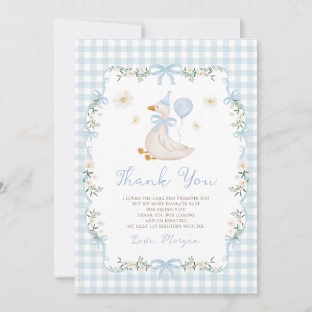 Cute One Silly Goose Blue Bow First Birthday Thank You Card (Front)