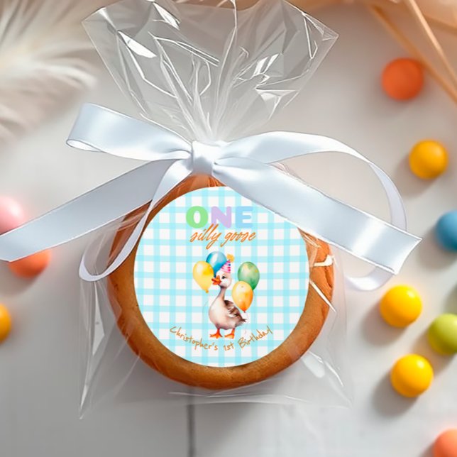 Cute One Silly Goose Blue Boy 1st birthday Classic Round Sticker (Creator Uploaded)