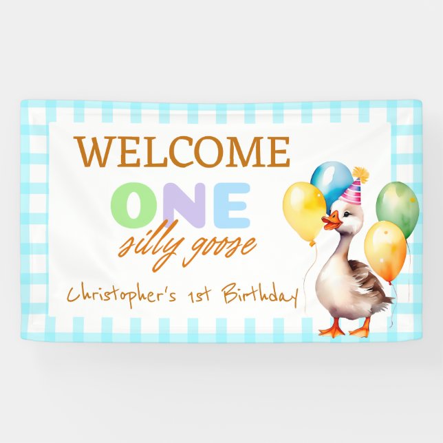 Cute One Silly Goose Blue Boy 1st Birthday Welcome Banner (Horizontal)