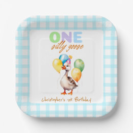Cute One Silly Goose Blue Gingham 1st Birthday Paper Plate