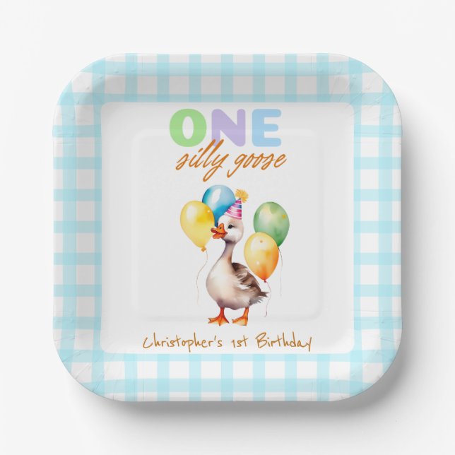 Cute One Silly Goose Blue Gingham 1st Birthday Paper Plate (Front)