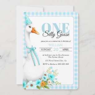 Cute One silly goose, gingham boy's 1st birthday Invitation