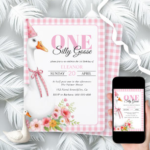Cute One silly goose, gingham girl's 1st birthday  Invitation