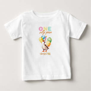Cute One Silly Goose Girl Pink 1st Birthday Baby T-Shirt