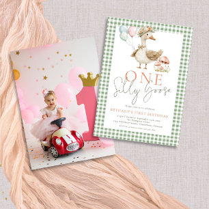 Cute One Silly Goose Photo Gingham 1st Birthday  Invitation