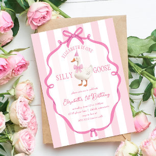 Cute One Silly Goose Pink Bow First Birthday Invitation