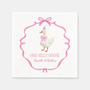 Cute One Silly Goose Pink Bow First Birthday Napkin