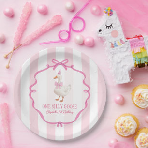 Cute One Silly Goose Pink Bow First Birthday Paper Plate