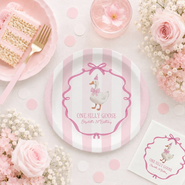 Cute One Silly Goose Pink Bow First Birthday Paper Plate (Cute One Silly Goose Pink Bow First Birthday Paper Plates)