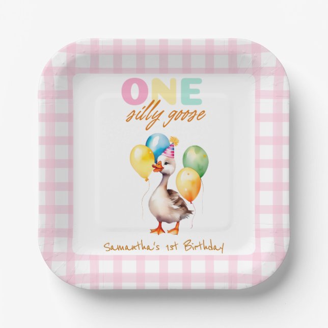 Cute One Silly Goose Pink Girl 1st Birthday Paper Plate (Front)