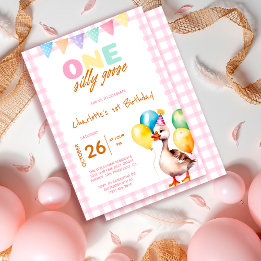 Cute One Silly Goose Pink Plaid Girl 1st Birthday  Invitation