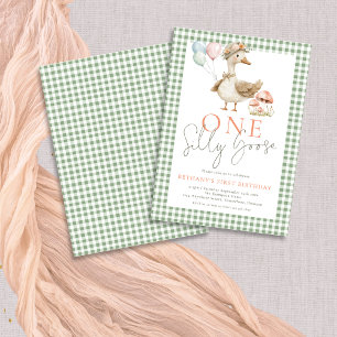 Cute One Silly Goose Sage Gingham 1st Birthday  Invitation