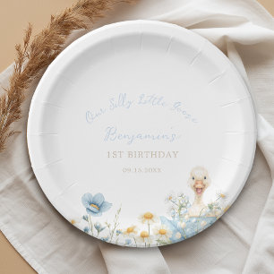 Cute One Silly Little Goose Blue Boy 1st Birthday Paper Plate