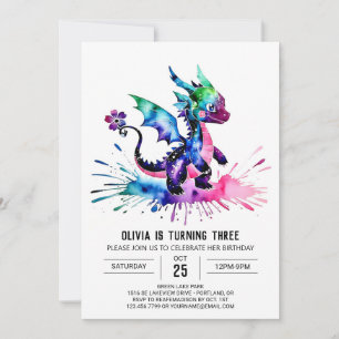 Cute Online Dragon Digital Girl Birthday Invitation