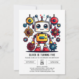 Cute Online Metallic Robot Birthday Invitation