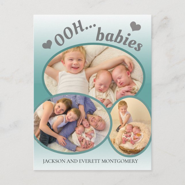 Cute Ooh Babies Twin Photo Teal Birth Announcement Postcard (Front)