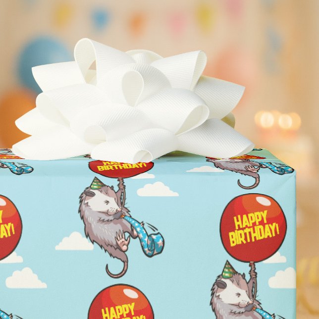 Cute Opossum Happy Birthday! Add Your Text Balloon Wrapping Paper (Creator Uploaded)