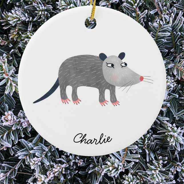 Cute Opossum Personalised Ceramic Tree Decoration (Fun possum or opossum personalized custom name Christmas ornament)
