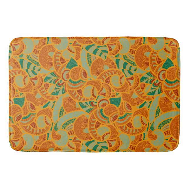 Cute orange abstract seamless flowers ceramic tile bath mat (Front)