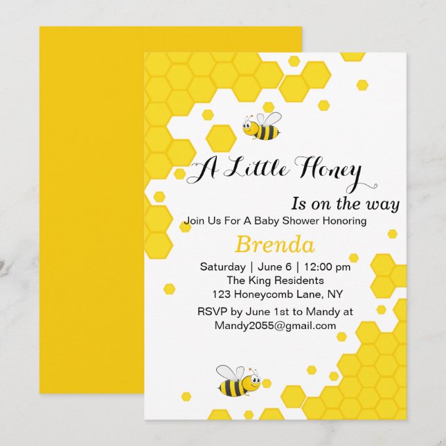 Cute Orange and Black Bees | Watercolor Honeycomb Invitation (Front/Back)