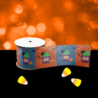 Cute Orange and Blue Black Cat Halloween Ribbon Satin Ribbon