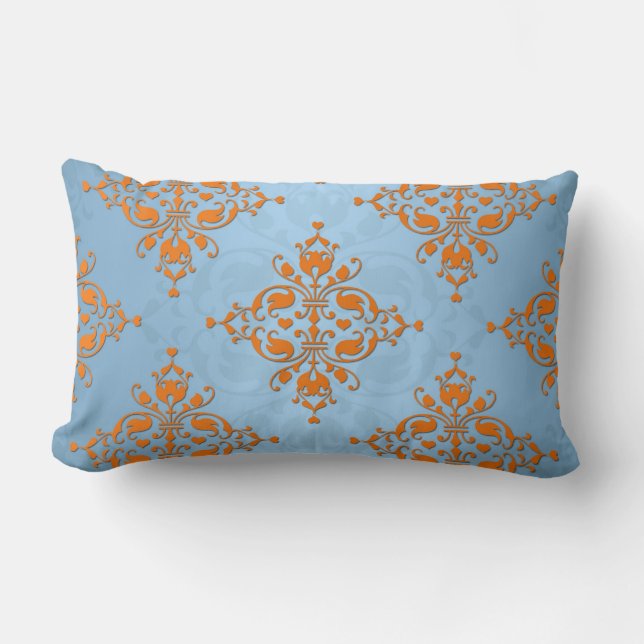 Cute Orange and Blue Damask Lumbar Cushion (Front)