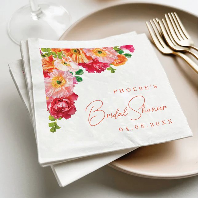 Cute Orange and Bright Pink Floral Bridal Shower Napkin (Creator Uploaded)