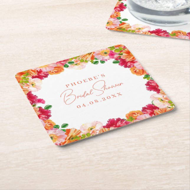 Cute Orange and Bright Pink Floral Bridal Shower Square Paper Coaster (Angled)