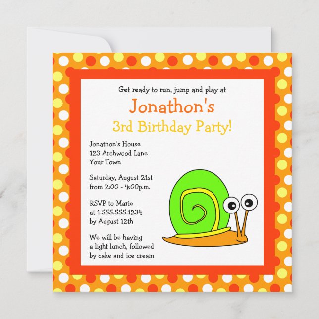 Cute Orange and Green Snail Birthday Invite (Front)