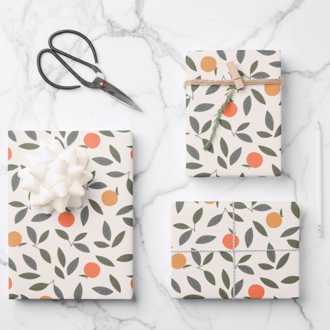 Cute Orange and Leaves Pattern Wrapping Paper Sheet (Front)