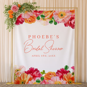 Cute Orange and Pink Floral Bridal Shower Backdrop Tapestry
