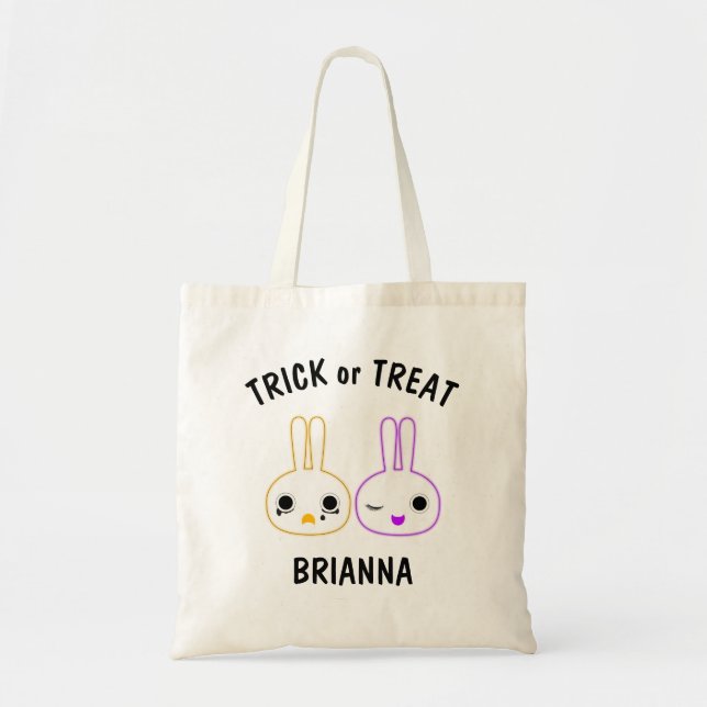 Cute Orange and Purple Bunny Bits Trick or Treat Tote Bag (Front)