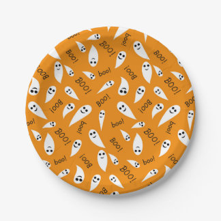 Cute Orange and White Halloween Ghosts Boo pattern Paper Plate