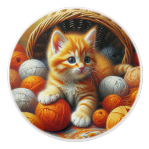 Cute Orange and White Kitten Playing in Yarn Ceramic Knob