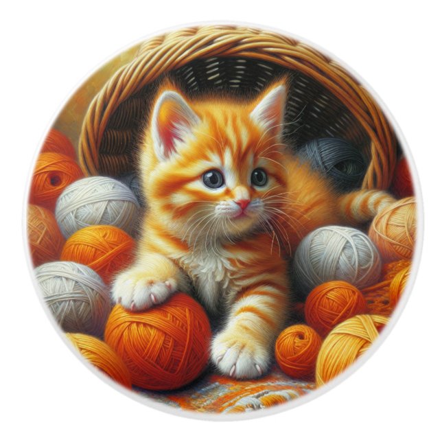 Cute Orange and White Kitten  Playing in Yarn Ceramic Knob (Front)